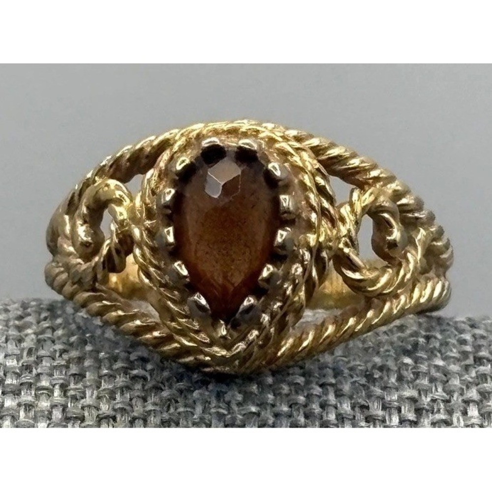 Vintage Avon Filigree Teardrop "Smokeblaze" Brown Stone Ring Size 6.75 Gold Tone